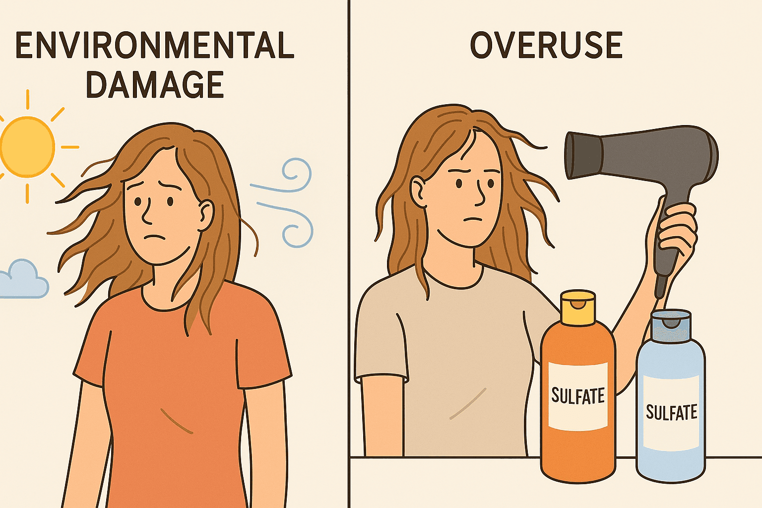 split causes of dry hair illustration Split-screen cartoon showing causes of dry hair: one side with a woman in sun and wind; the other side with a woman using a blow dryer and sulfate shampoos.