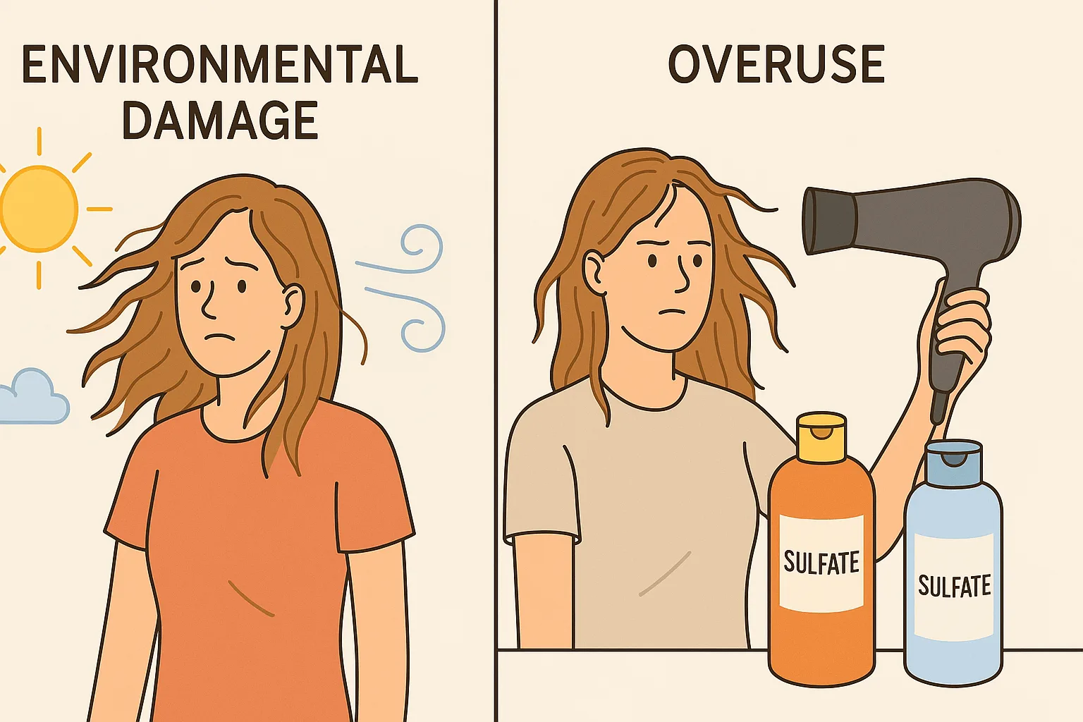 split causes of dry hair illustration Split-screen cartoon showing causes of dry hair: one side with a woman in sun and wind; the other side with a woman using a blow dryer and sulfate shampoos.