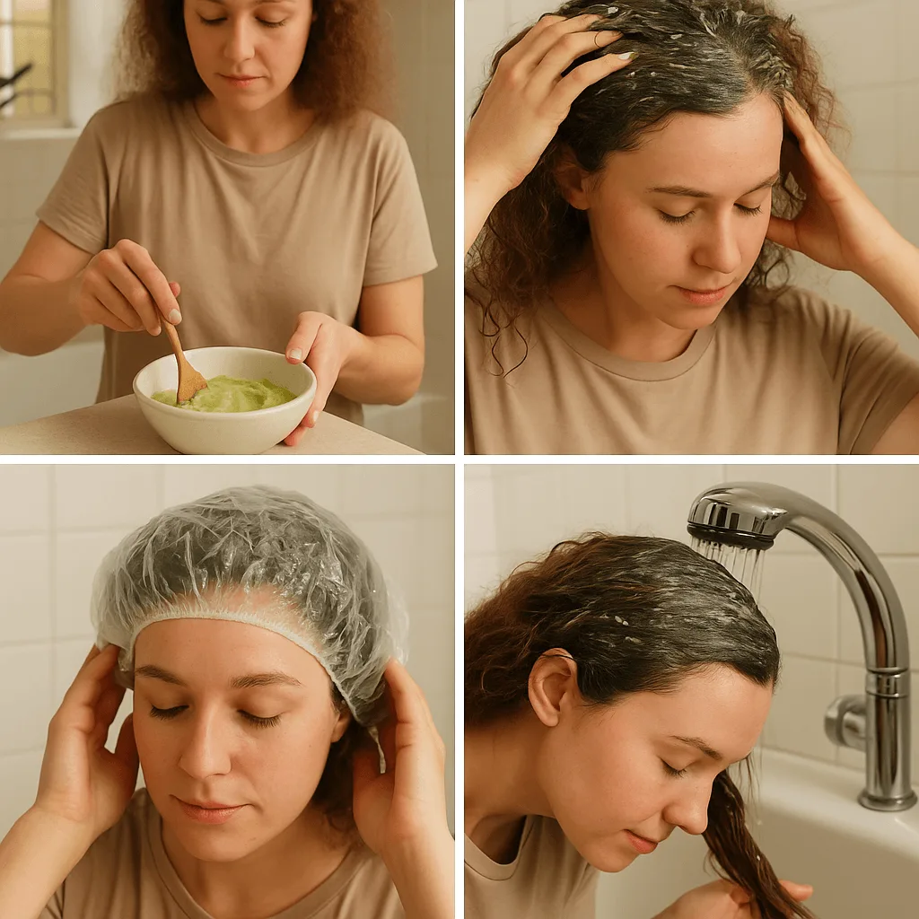 step by step hair mask application collage A four-step collage showing a woman preparing a green hair mask, applying it to her scalp, wearing a shower cap, and rinsing her hair under a faucet in a white-tiled bathroom.