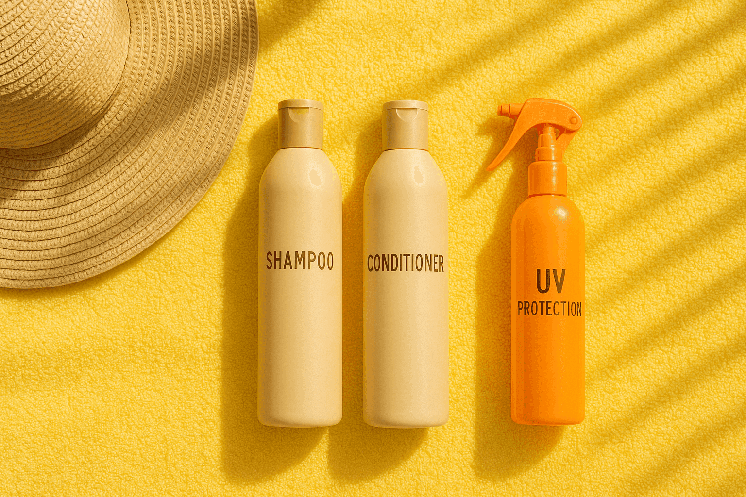 summer hair care essentials top down Top-down view of summer hair care essentials including shampoo, conditioner, UV protection spray, and a wide-brim hat on a yellow towel