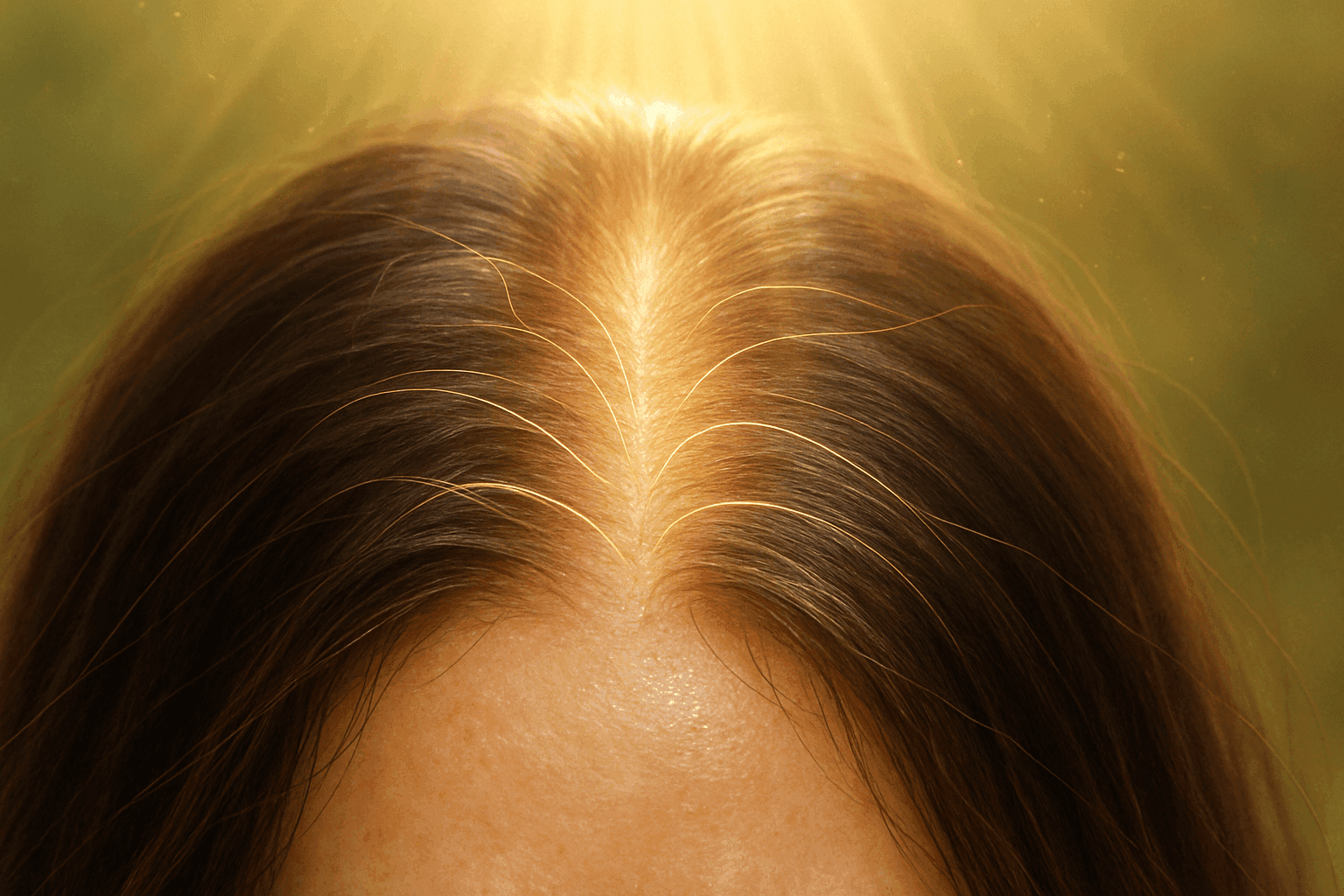 sunlight on healthy scalp vitamin D Close-up of sunlight shining on a healthy scalp with glowing lines symbolizing vitamin D absorption