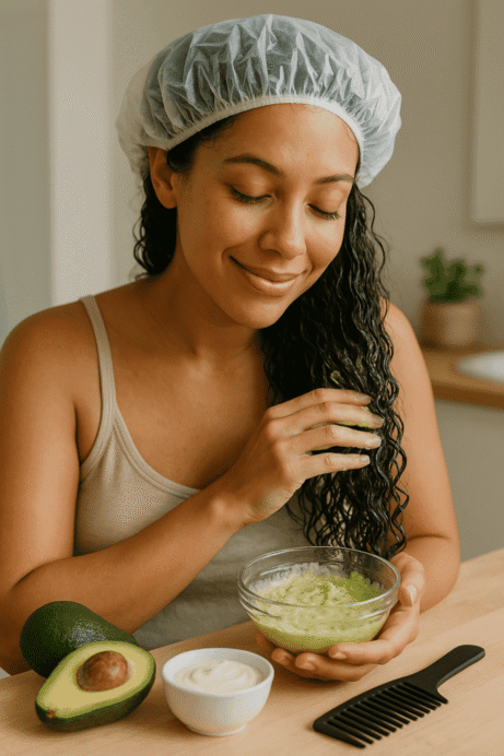 homemade-hair-mask-application Woman with damp curly hair applying a homemade avocado hair mask, wearing a shower cap, with natural ingredients and a comb on the counter nearby.