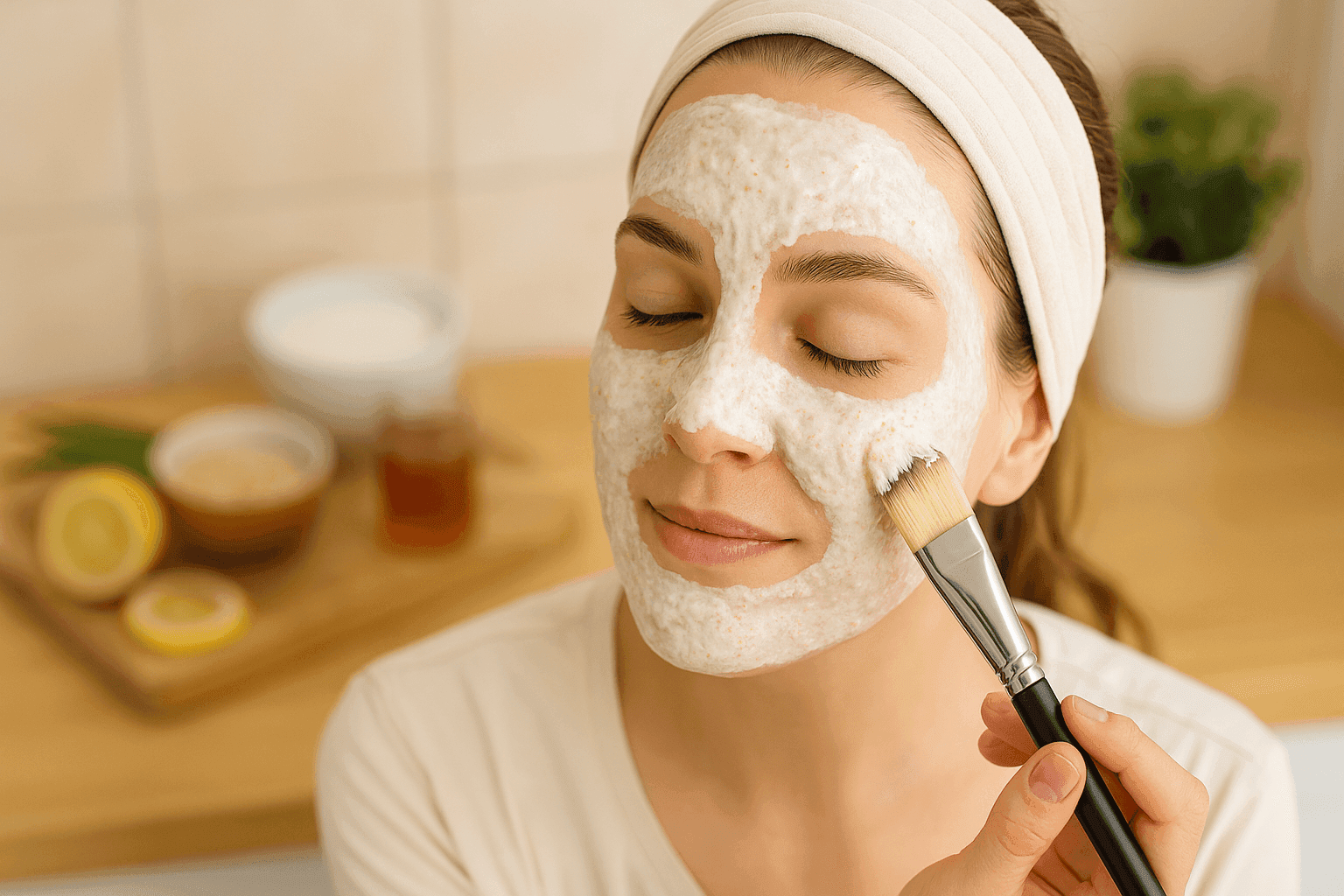 women applying yogurt oatmeal face mask A woman with a headband applying a thick homemade face mask with a brush; the creamy mask appears to be made of yogurt and oatmeal, with natural ingredients visible in the background.