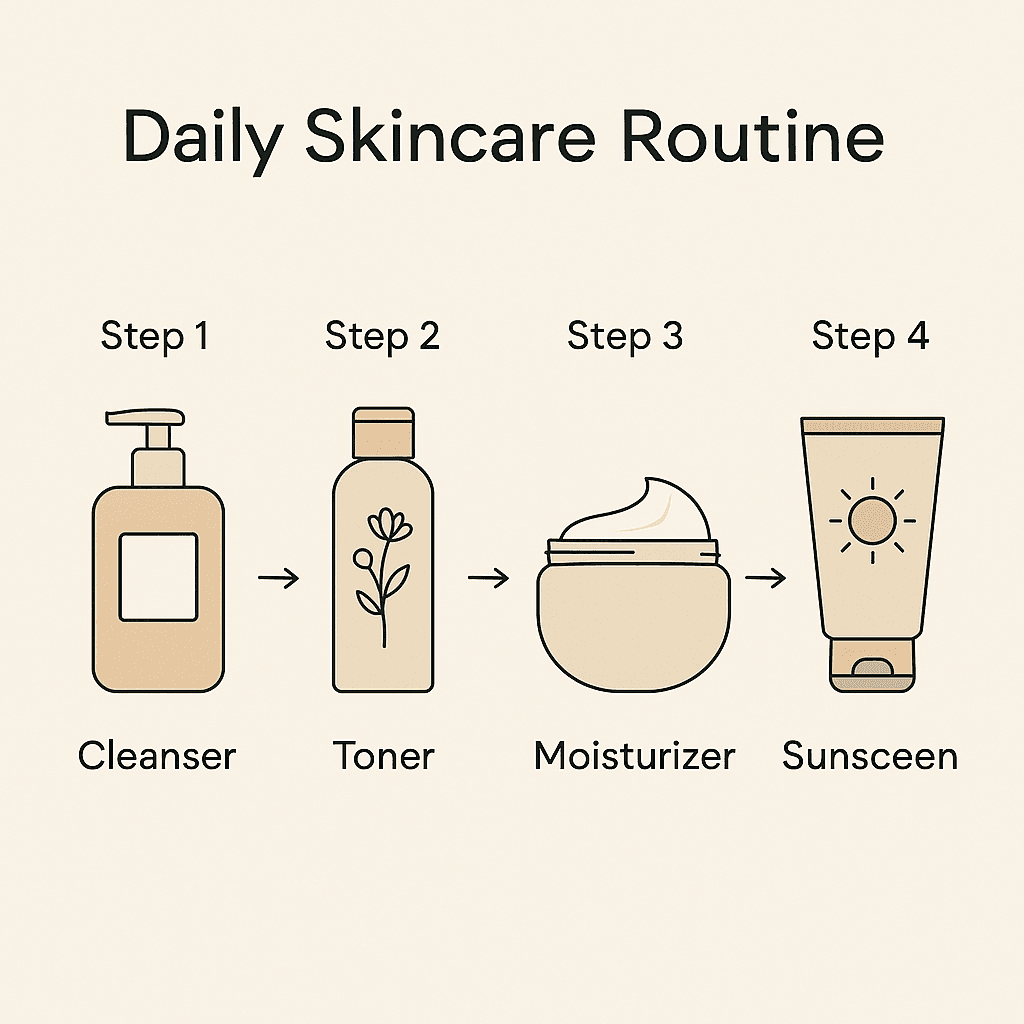 Daily skincare routine Minimalist infographic showing four-step skincare routine: cleanser, toner, moisturizer, and sunscreen with matching icons.