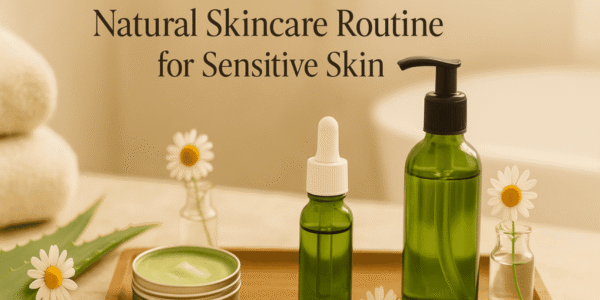 Natural Skincare Routine A serene bathroom setup with natural skincare products on a wooden tray, surrounded by aloe vera, chamomile flowers, and soft towels, lit by natural light.