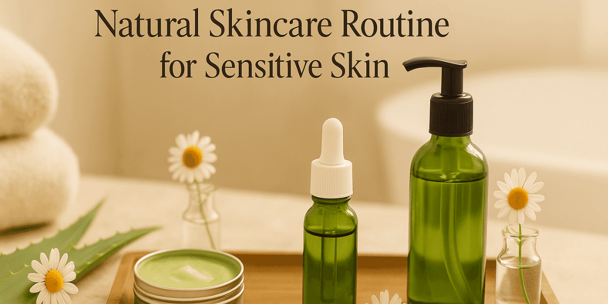 Natural Skincare Routine A serene bathroom setup with natural skincare products on a wooden tray, surrounded by aloe vera, chamomile flowers, and soft towels, lit by natural light.