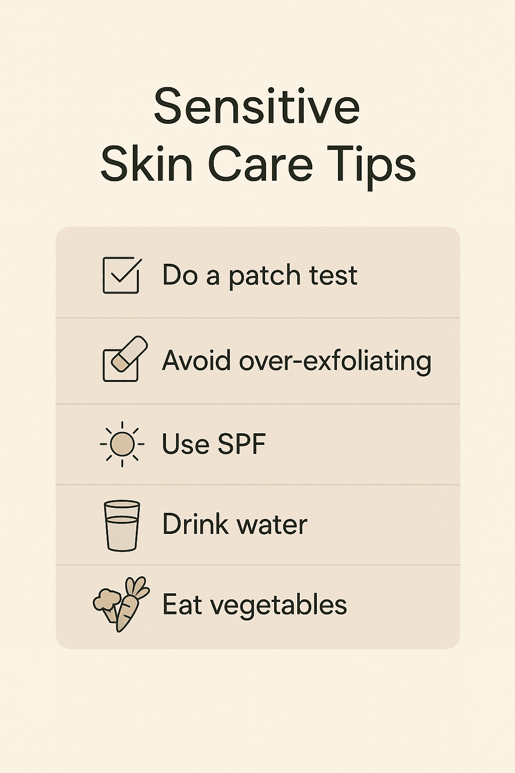 Sensitive Skincare Checklist infographic with icons and tips for sensitive skincare: patch testing, avoiding over-exfoliation, using SPF, drinking water, and eating vegetables.