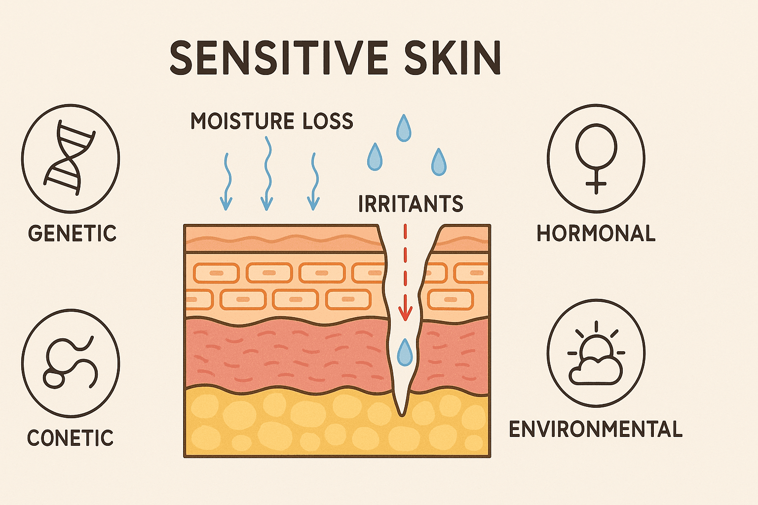 cross section of sensitive skin Illustration of a cross-section of sensitive skin showing a weakened barrier with moisture loss and irritants entering, surrounded by icons for genetic, hormonal, and environmental triggers.