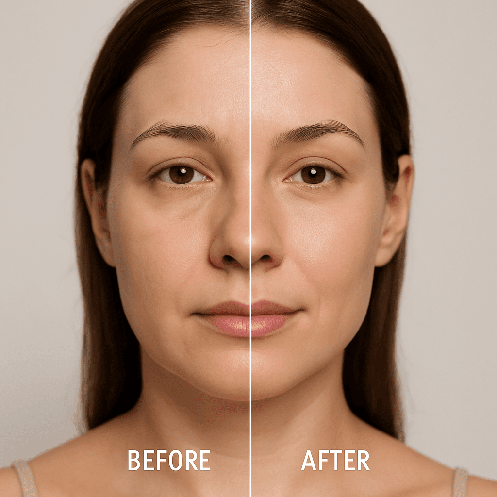 facial massage results Split-face comparison of a woman showing visible skin improvement after regular facial massage.