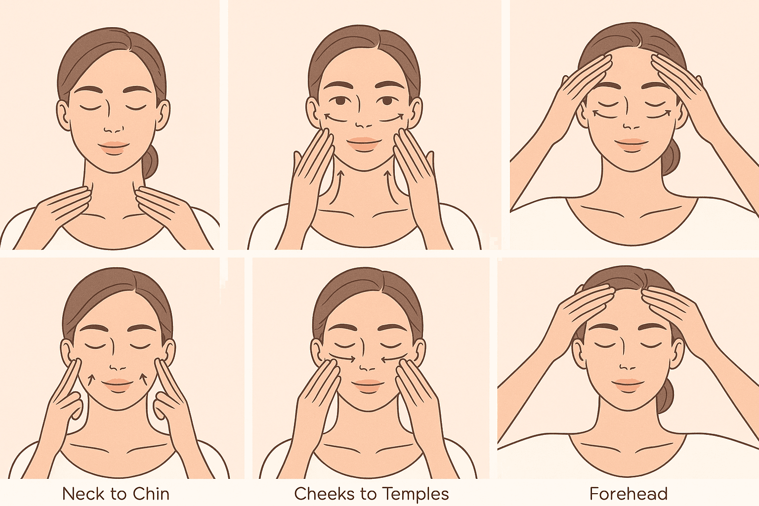 facial massage steps illustration Illustration of a woman demonstrating five steps of facial massage: neck to chin, chin to cheeks, cheeks to temples, under eyes to brows, and forehead strokes.