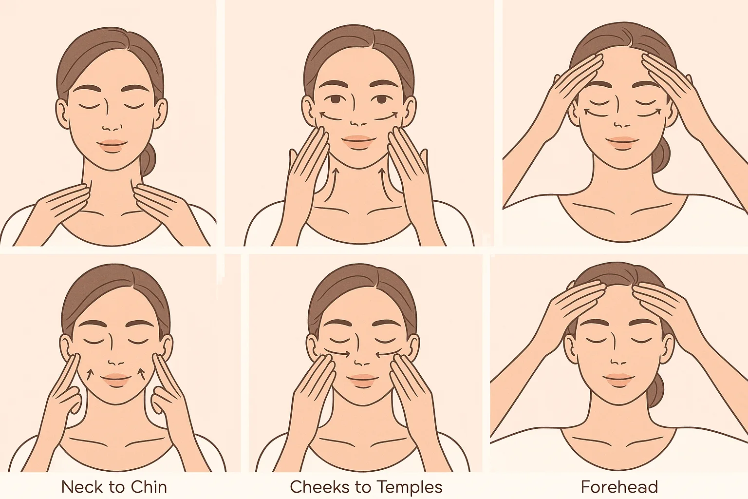 facial massage steps illustration Illustration of a woman demonstrating five steps of facial massage: neck to chin, chin to cheeks, cheeks to temples, under eyes to brows, and forehead strokes.