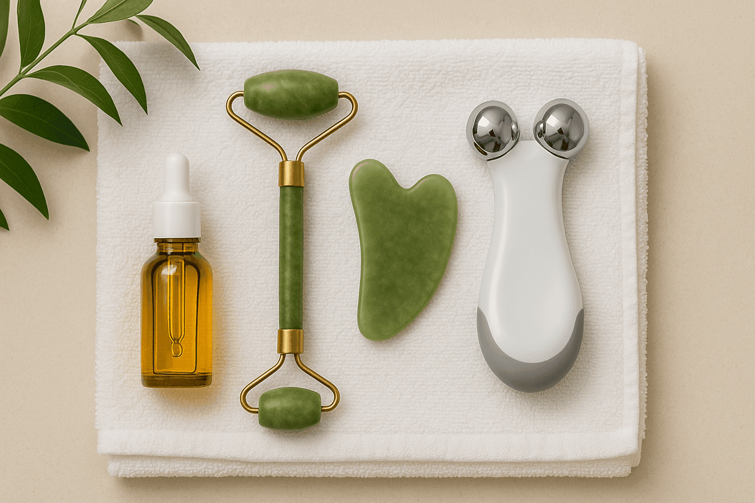 facial massage tools Flat lay of facial massage tools including jade roller, gua sha, microcurrent device, and facial oil bottle on a white towel with a plant leaf nearby.