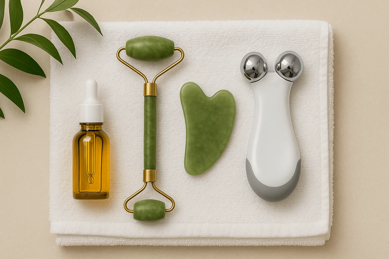 facial massage tools Flat lay of facial massage tools including jade roller, gua sha, microcurrent device, and facial oil bottle on a white towel with a plant leaf nearby.