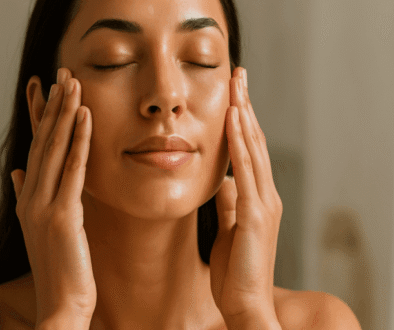 Close-up of a woman with glowing skin massaging her face in front of a mirror in natural light.