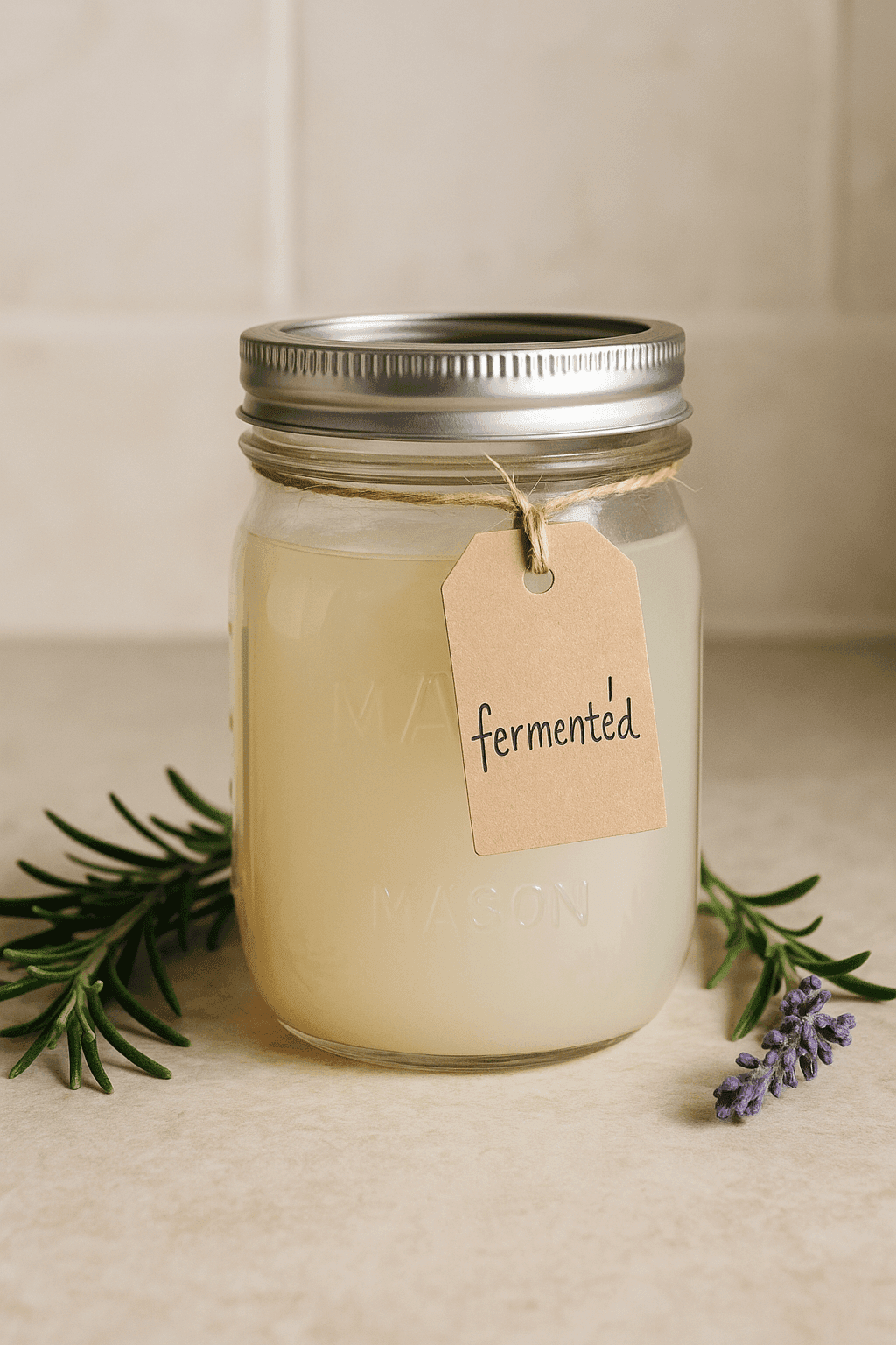 fermented rice water infusion jar Mason jar filled with cloudy fermented rice water, labeled with a handwritten tag, surrounded by rosemary and lavender sprigs.