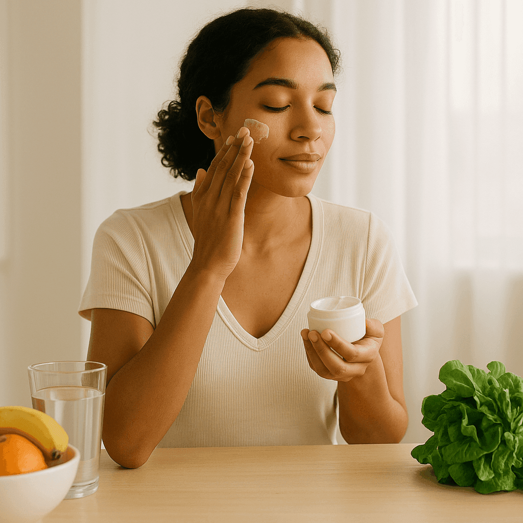 moisturizing sensitive skin A woman applying moisturizer in natural light, with fresh fruits, a glass of water, and leafy greens on the table. Text overlay reads 'Moisturize. Protect. Nourish. Breathe.