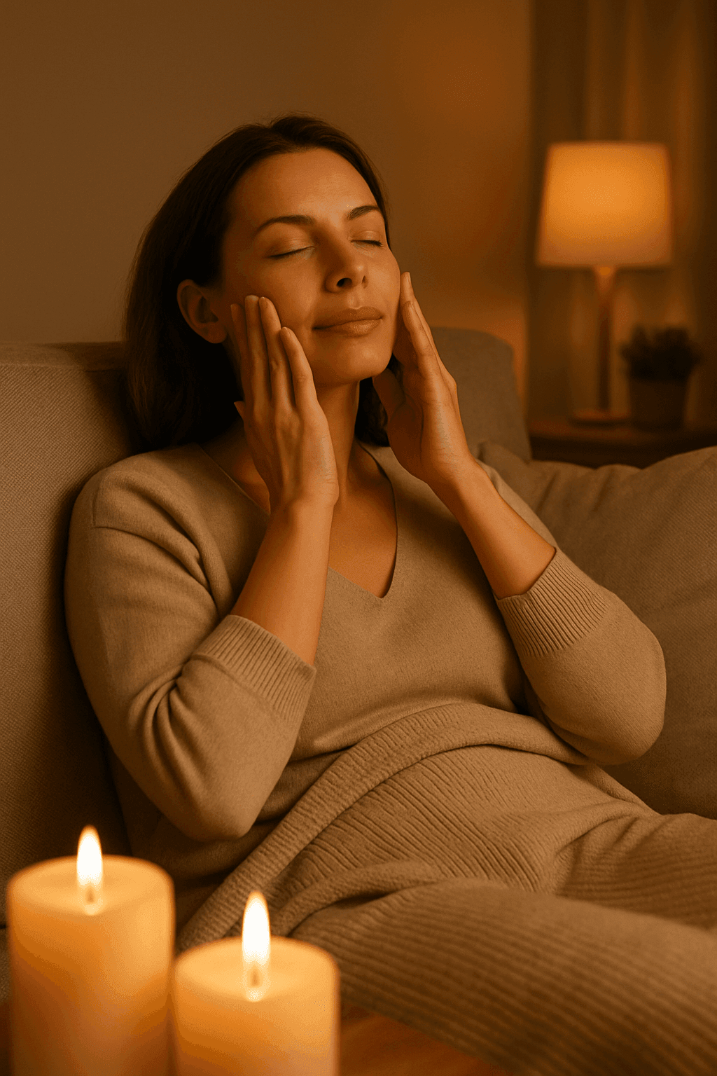 night time facial massage Woman sitting on a couch doing a nighttime facial massage with candles and soft lighting.