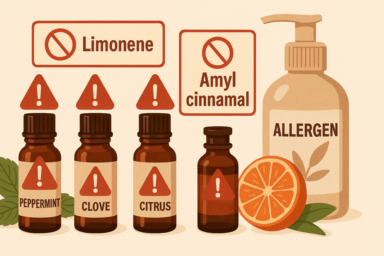 products to be avoided for sensitve skin Illustration of essential oil bottles labeled peppermint, clove, and citrus with red caution icons and warnings for limonene and amyl cinnamal, set beside a product labeled "allergen."