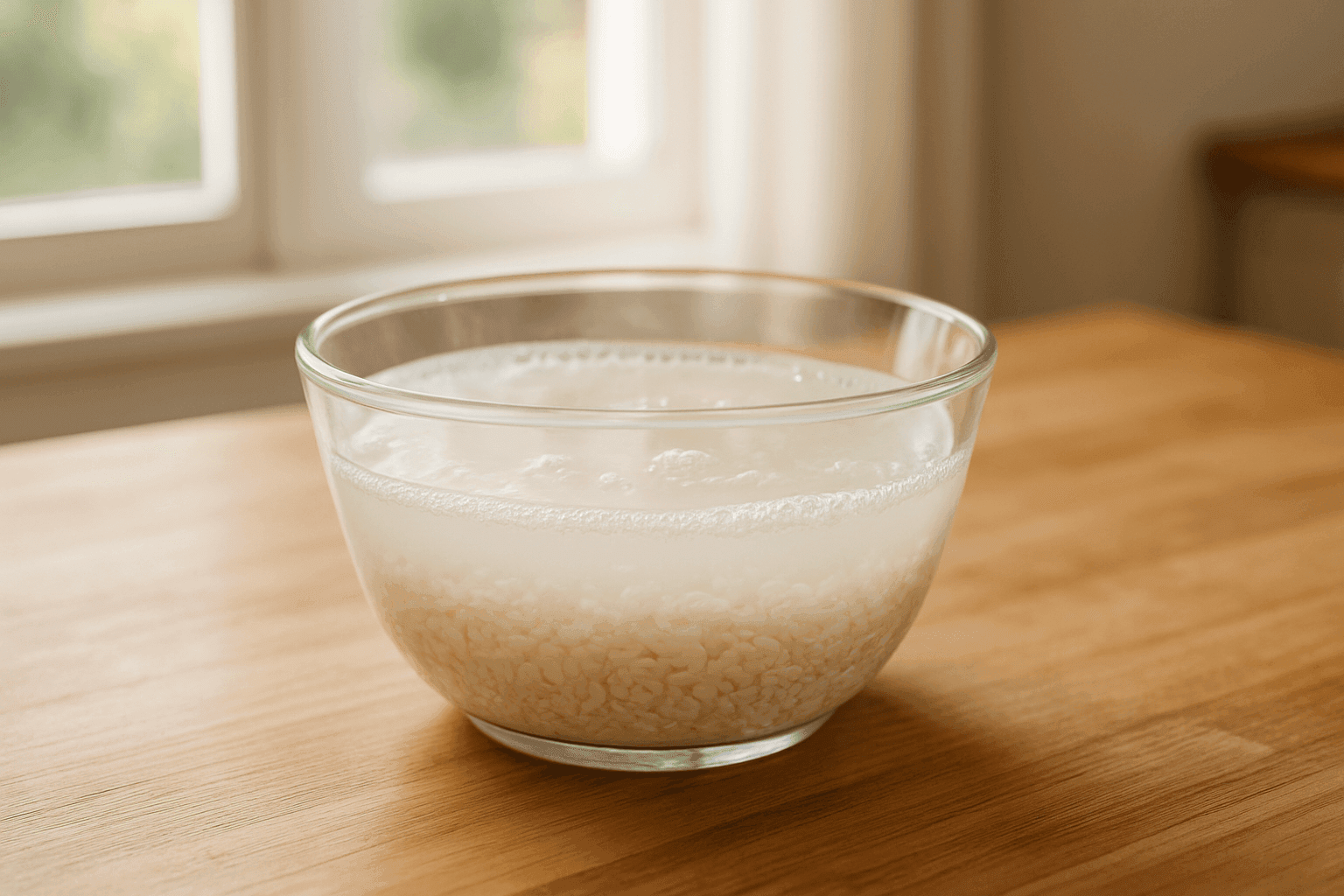 rice soaking in glass bowl Glass bowl with white rice soaking in cloudy water on a wooden kitchen counter, near a sunlit window.