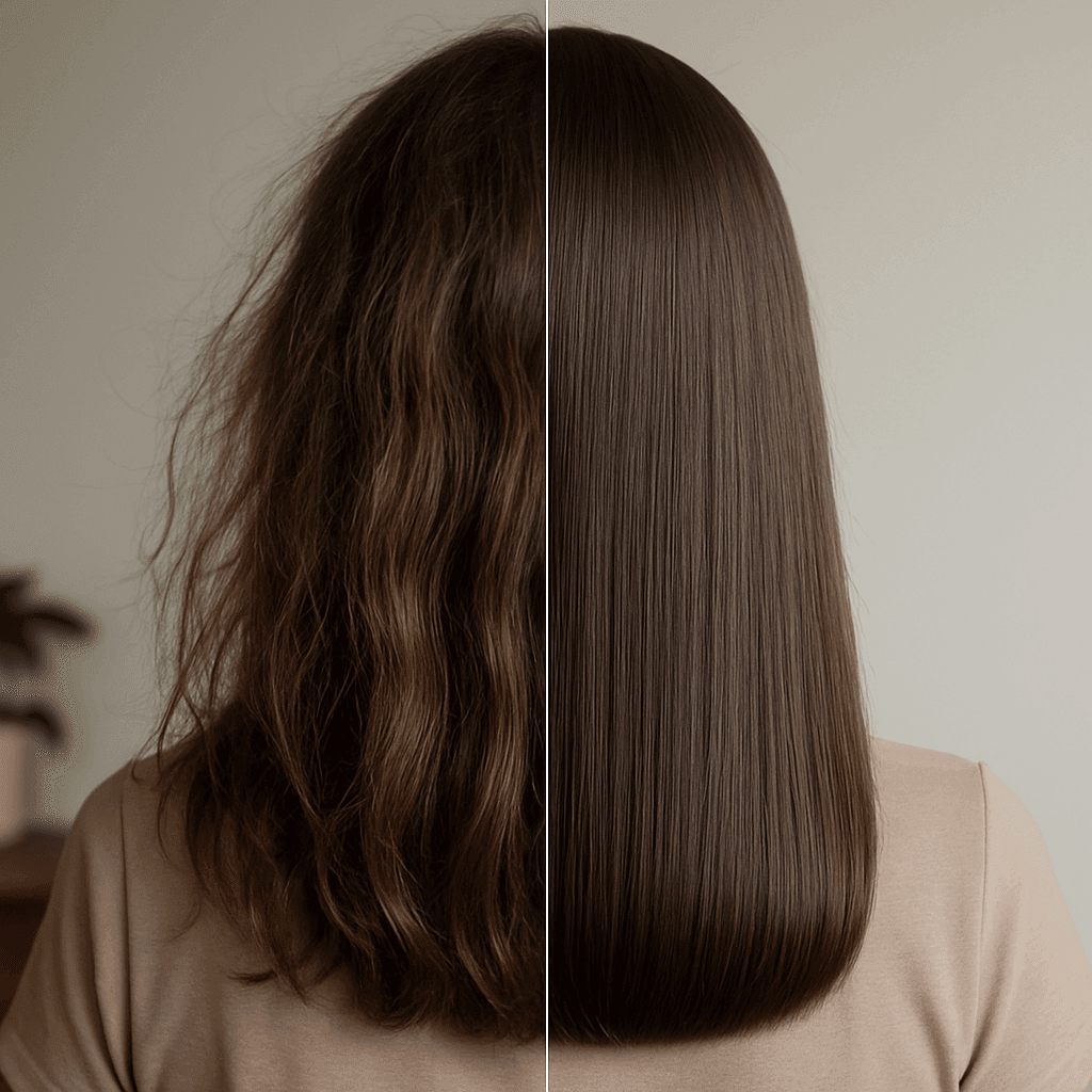 rice water hair transformation before after Split image showing dry, frizzy hair on the left and smooth, shiny hair on the right after consistent rice water use.