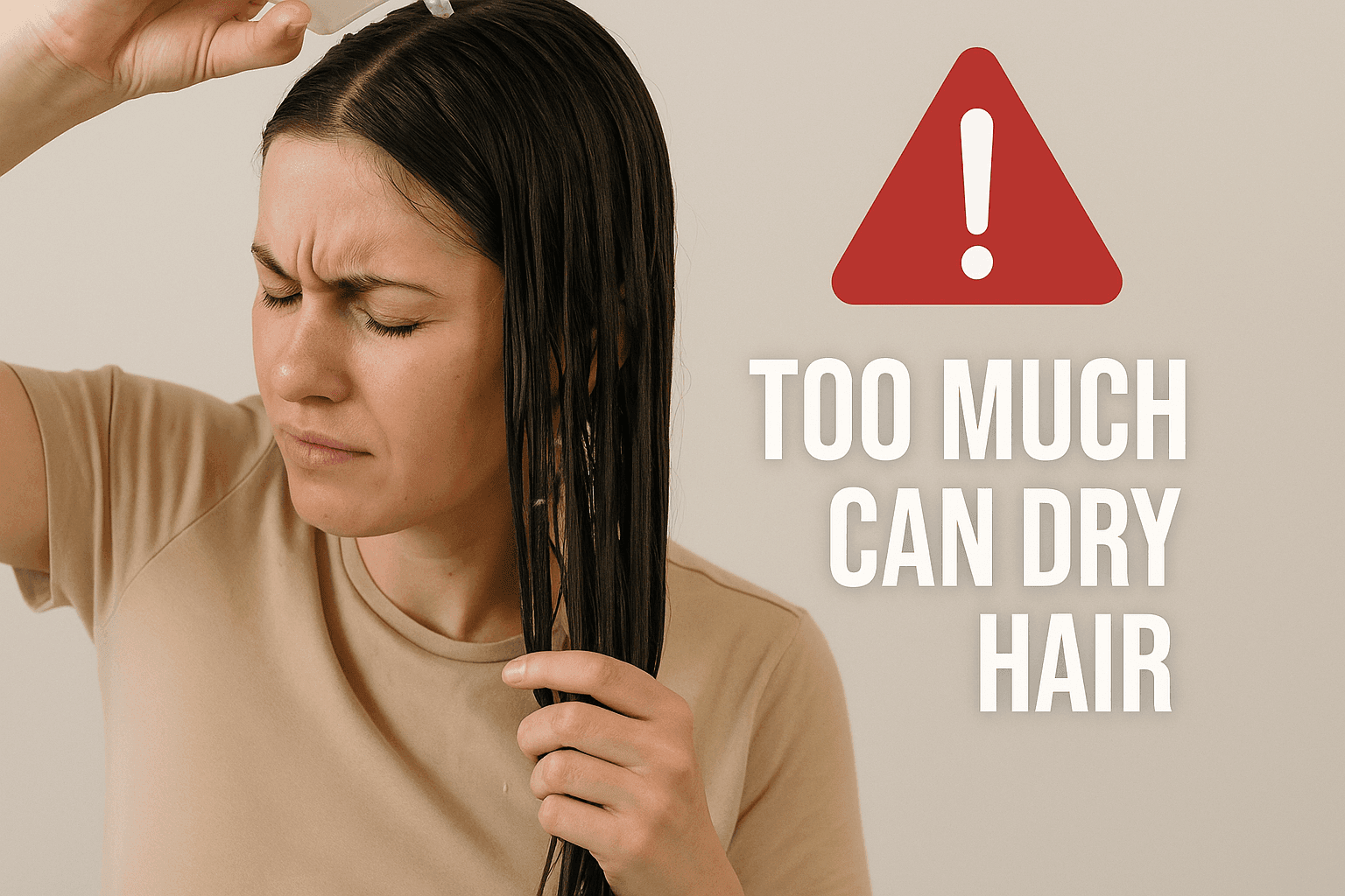 rice water overuse warning Woman pouring rice water on dripping wet hair with a red caution sign and the text âToo Much Can Dry Hair.