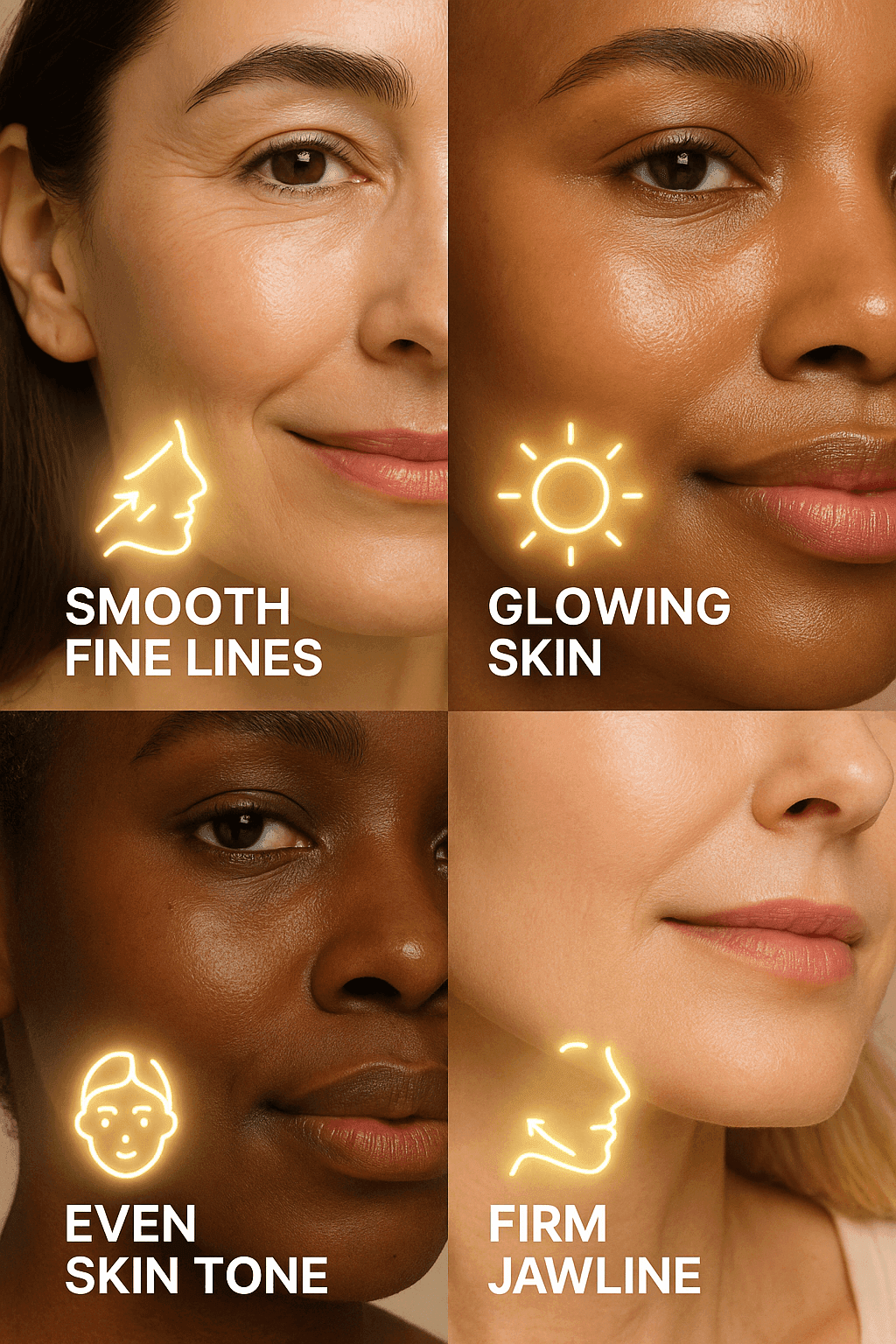 skincare benefits Collage showing four women with different skin tones highlighting skincare benefits: smooth fine lines, glowing skin, even skin tone, and firm jawline, with glowing icons.