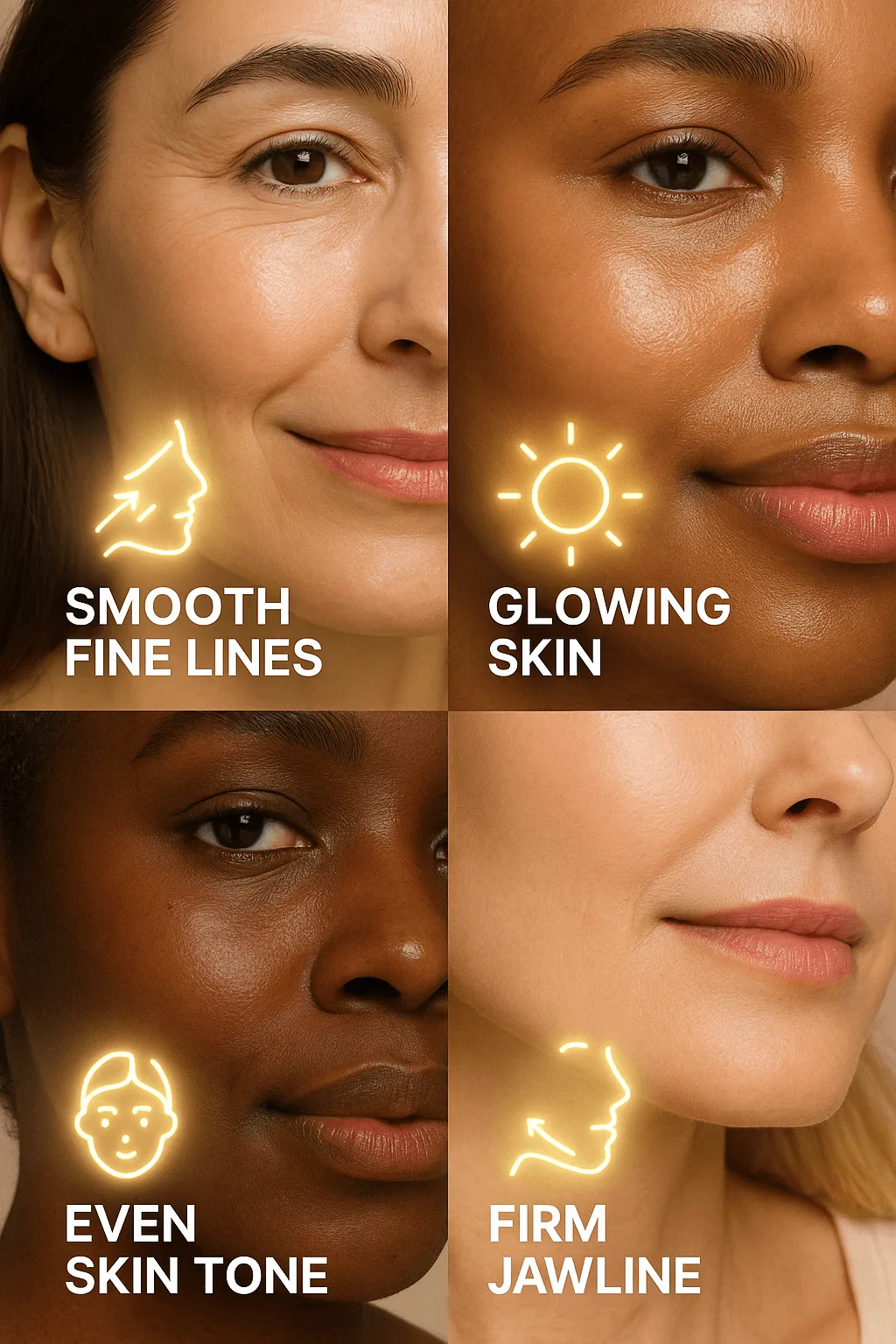 skincare benefits Collage showing four women with different skin tones highlighting skincare benefits: smooth fine lines, glowing skin, even skin tone, and firm jawline, with glowing icons.