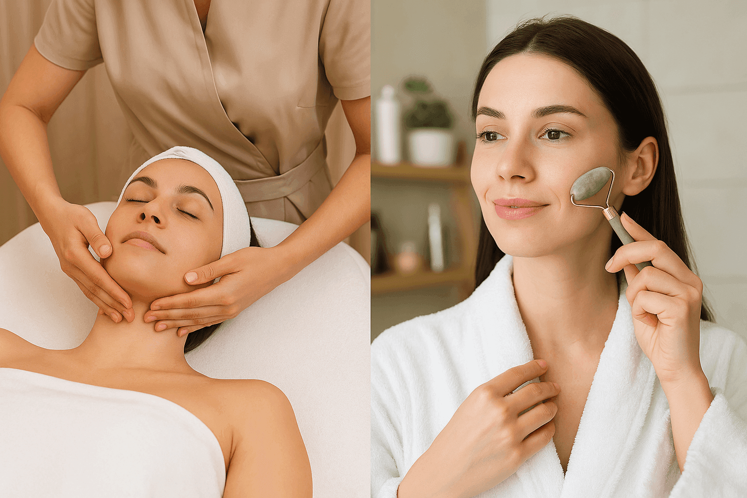 spa VS home facial massage Split-screen image showing a woman receiving a professional spa facial on one side and a woman using a jade roller at home on the other.
