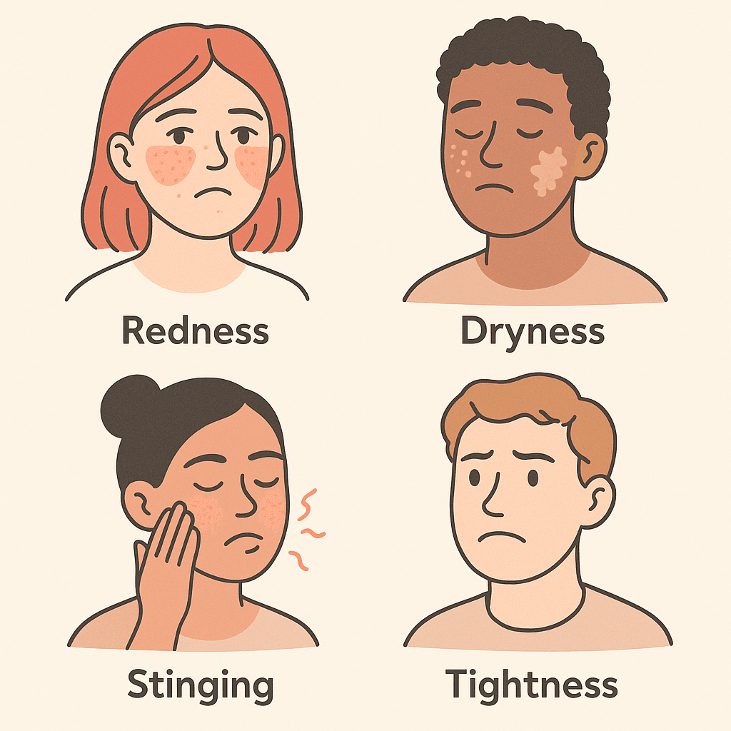 symptoms of sensitive skin Illustration of four diverse faces showing symptoms of sensitive skin: redness, dryness, stinging, and tightness