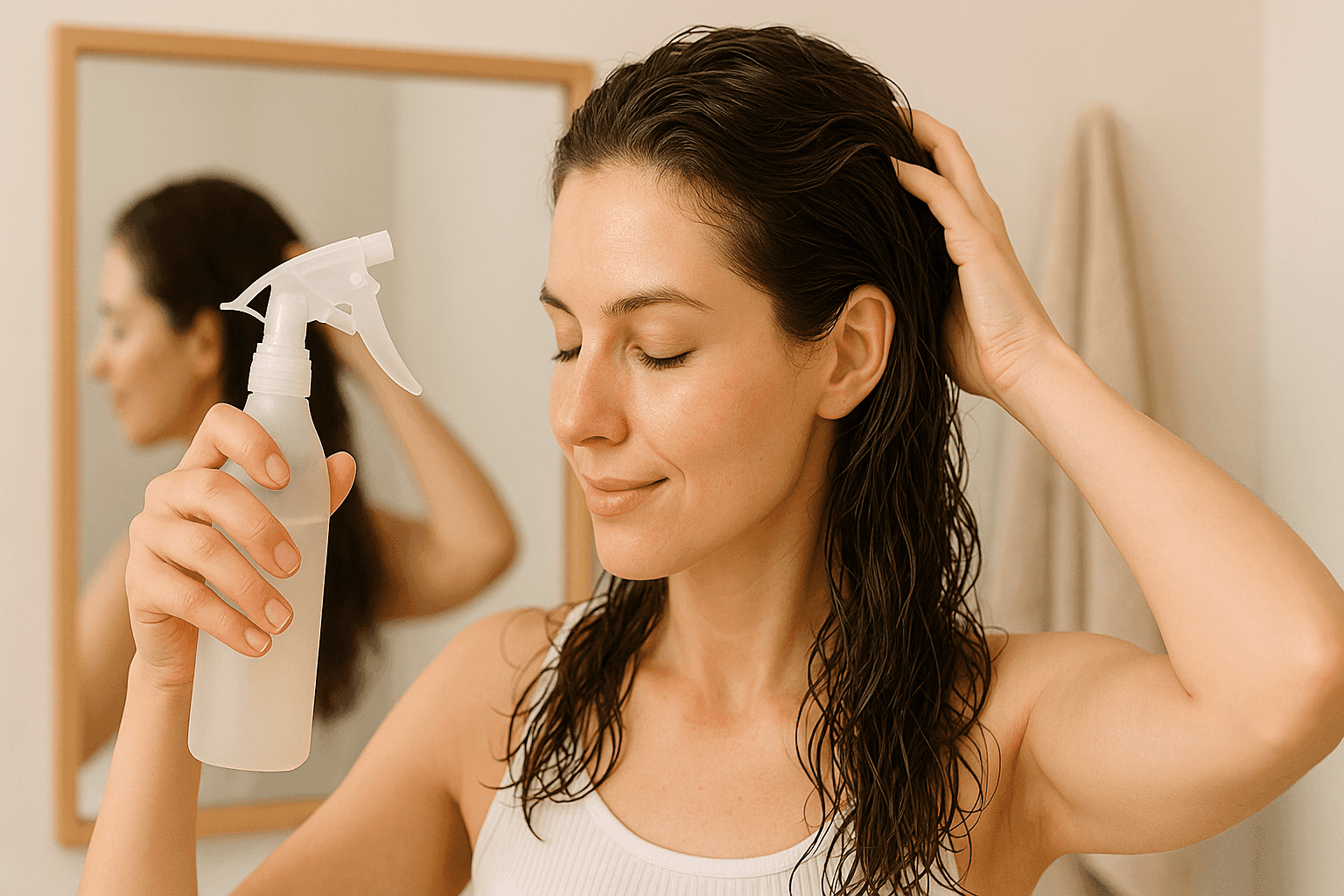 woman spraying rice water on damp hair Woman with damp wavy hair spraying rice water on her scalp in front of a mirror with a relaxed expression.