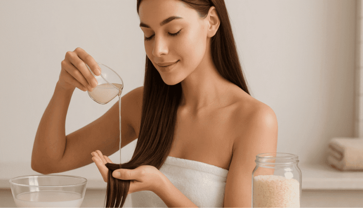 Young woman with long shiny hair pours rice water over her strands in a minimalist bathroom, bowl and jar of rice nearby.