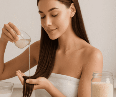 Young woman with long shiny hair pours rice water over her strands in a minimalist bathroom, bowl and jar of rice nearby.
