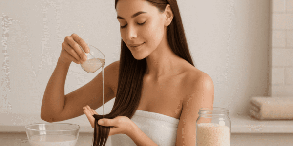 young women applying rice water Young woman with long shiny hair pours rice water over her strands in a minimalist bathroom, bowl and jar of rice nearby.